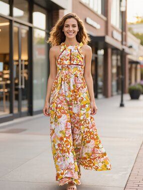 Abel the Label (US S) Floral Halter Maxi Dress Orange Yellow Boho Anthropologie